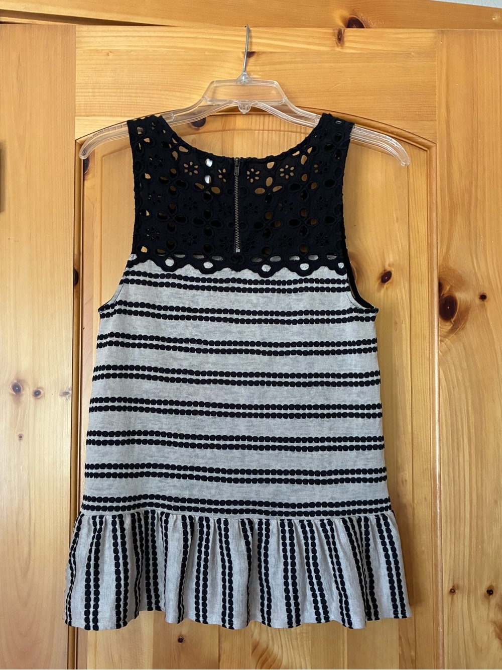 Free People Black & Cream Eyelet Stripe Top with Ruffled Peplum